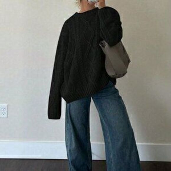 Sweaters - Black Casual Women's Round Neck Cable Knit Loose Pullover Sweater